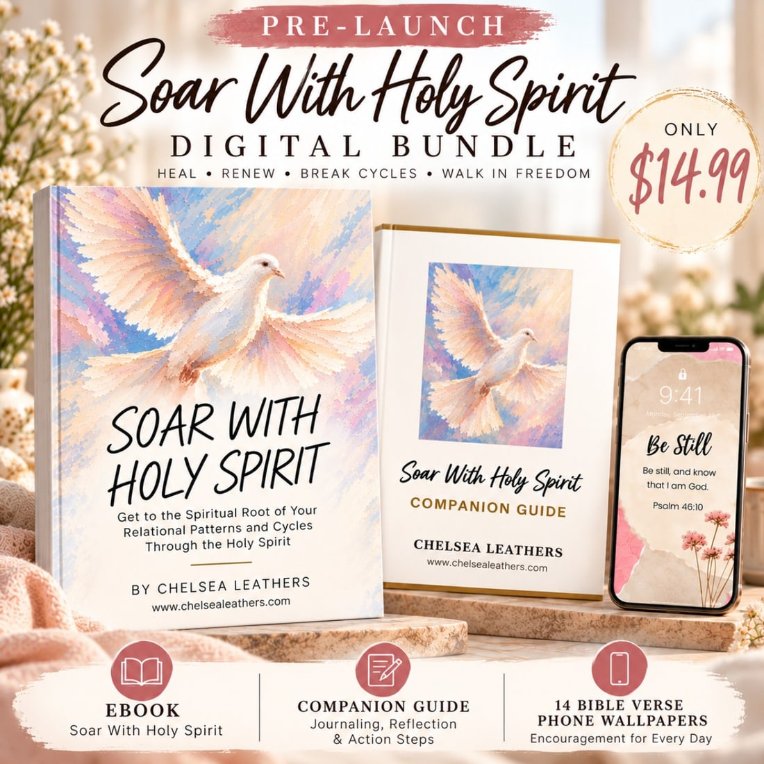 The Soar With Holy Spirit digital bundle: the e-book, the companion guide, and a phone showing a Bible verse wallpaper.